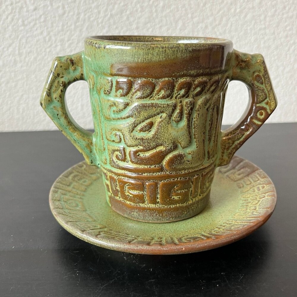 Frankoma Mayan-Aztec Sugar Bowl & Saucer // Two Handled Cup // Prairie Green